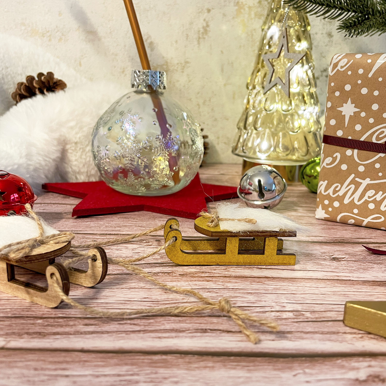 Tischdeko gold für aus Dekoration als Echtholz zum - Kinder Basteln Weihnachten Deko Schlitten