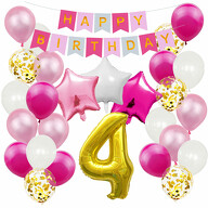 4. Geburtstag Party Deko Set - Happy Birthday Girlande + Zahl 4 Ballon + Konfetti Luftballons + Sterne