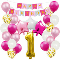 1. Geburtstag Party Deko Set - Happy Birthday Girlande + Zahl 1 Ballon + Konfetti Luftballons + Sterne