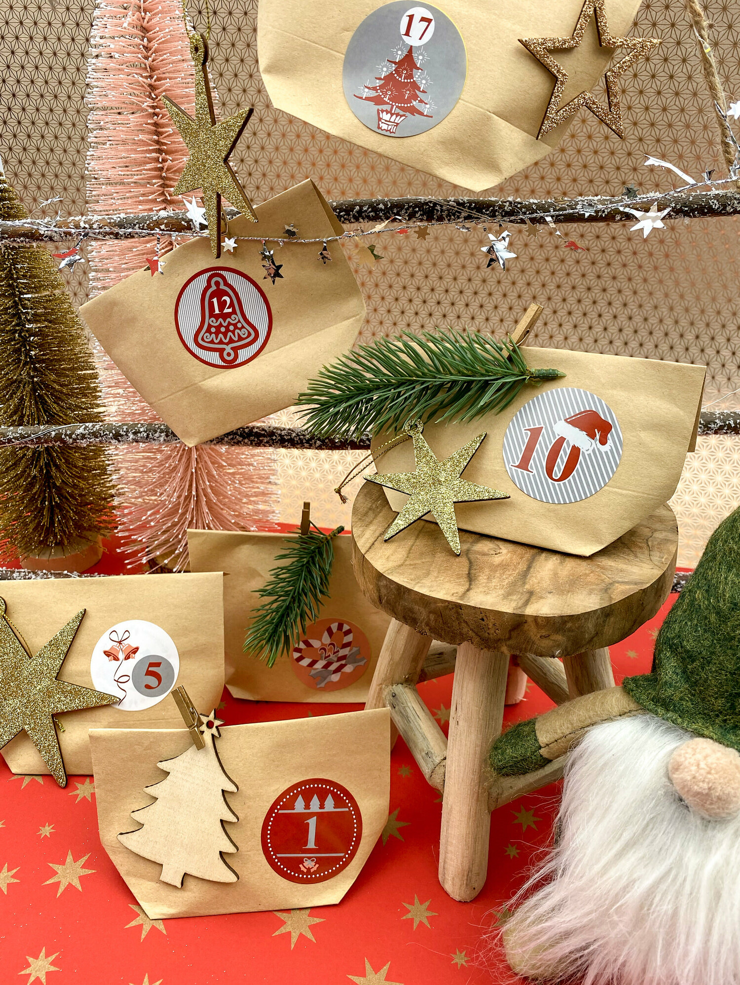 DIY Adventskalender Set - 24 Tüten + 24 Zahlen Sticker Aufkleber für  Weihnachten Advent