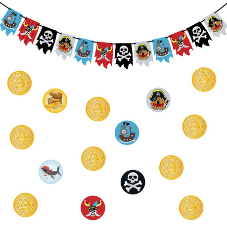 Piraten Party Kindergeburtstag Deko Set - Piraten Girlande + Gold Münzen Konfetti
