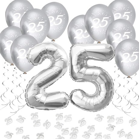 25. Geburtstag Silberhochzeit Deko Set - Luftballons Zahl 25 + Konfetti + Spiral Girlanden