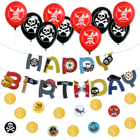 Happy Birthday Geburtstag Party Deko Set - Piraten Girlande + Konfetti + Totenkopf Ballons für Jungen