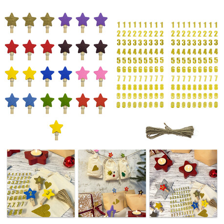 25 Stern Klammern und Zahlen Sticker Aufkleber für Weihnachten Adventskalender Deko DIY Kalender Basteln - bunt