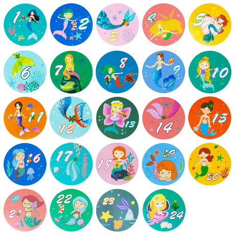 24 Adventskalender Sticker Zahlen Aufkleber Meerjungfrau Motive Weihnachten Basteln Weihnachtsdeko