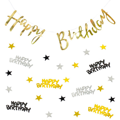 Happy Birthday Geburtstag Party Deko Set - Girlande + Konfetti - gold silber schwarz