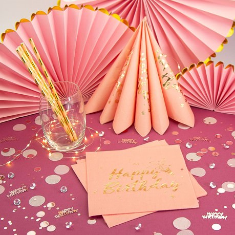 Happy Birthday Geburtstag Party Deko Set - Fächer Rosetten + Servietten + Strohhalme rosa gold