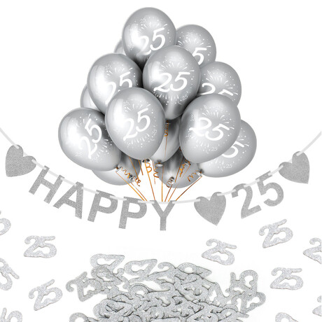 25. Geburtstag Silberhochzeit Deko Set - Happy 25 Girlande + Luftballons Zahl 25 + 25 Konfetti