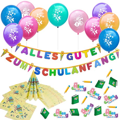 Schuleinführung Schulanfang Einschulung Deko Set - Luftballons + Girlande + Servietten + Konfetti