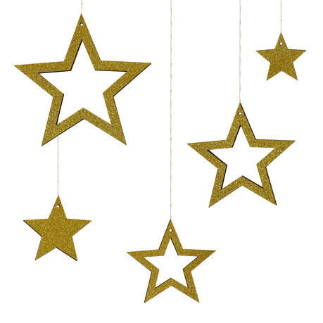 5 Holz Sterne mit Glitzereffekt + Schnur Weihnachtsdeko Weihnachtsbaum Anhänger Weihnachten - gold