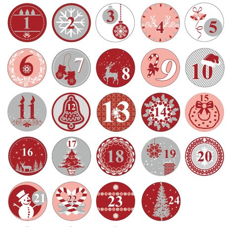 24 Adventskalender Sticker Zahlen Aufkleber Weihnachten Basteln Weihnachtsdeko - rot