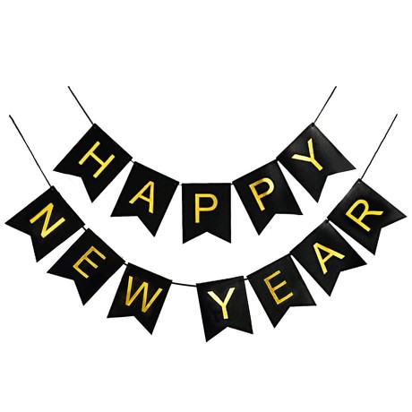 Happy New Year Wimpel Girlande Banner Wimpelkette Silvester Neujahr Party Feier Deko schwarz gold