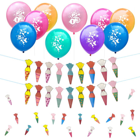 Schuleinführung Schulanfang Einschulung Deko Set - Luftballons + Zuckertüten Girlande + Konfetti
