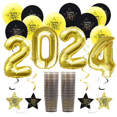 Happy New Year Silvester Neujahr Party Feier Deko Set 2024 - Luftballons Girlanden Trinkbecher