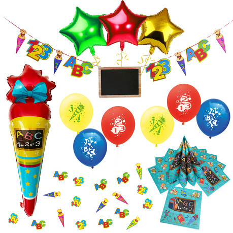 Schuleinführung Einschulung Deko Set - Folienballon Zuckertüte + Luftballons + Girlande + Servietten + Konfetti