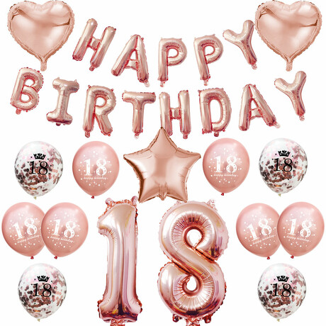18. Geburtstag Party Deko Set - Happy Birthday + Zahl 18 Ballons + Konfetti Luftballons roségold