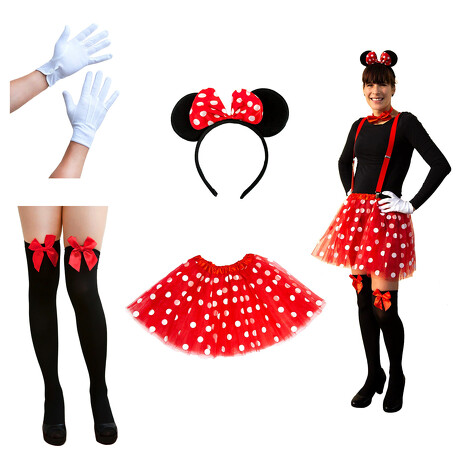 Damen Maus Mouse Kostüm Accessoire Set - Tutu + Haarreifen mit Maus Ohren + Handschuhe + Overknee Strümpfe