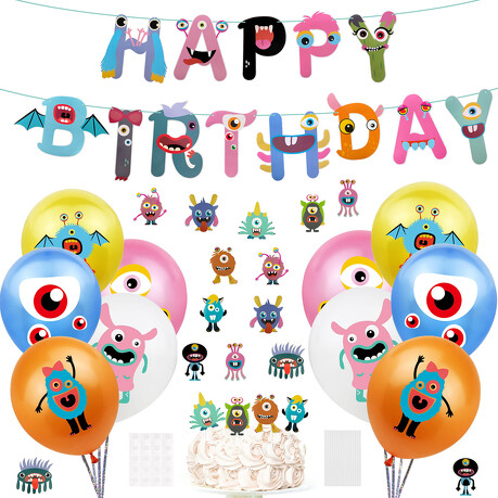 Happy Birthday Geburtstag Monster Party Deko Set - Luftballons + Happy Birthday Girlande + Torten Topper