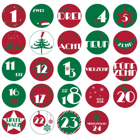 24 Adventskalender Sticker Zahlen Aufkleber Weihnachten Basteln Weihnachtsdeko - rot grün