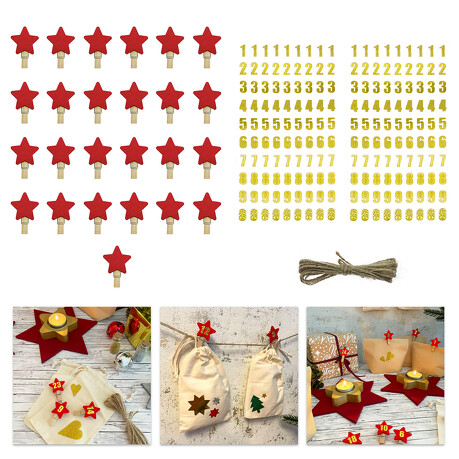25 Stern Klammern und Zahlen Sticker Aufkleber für Weihnachten Adventskalender Deko DIY Kalender Basteln - rot