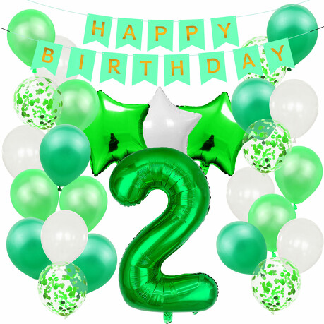 2. Geburtstag Party Deko Set - Happy Birthday Girlande + Zahl 2 Ballon + Konfetti Luftballons + Sterne