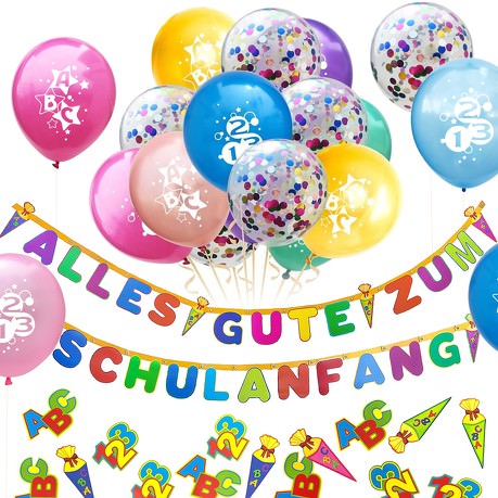 Schuleinführung Schulanfang Einschulung Deko Set - Girlande + Luftballons + Konfetti
