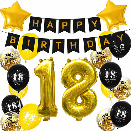 18. Geburtstag Party Deko Set - Happy Birthday Girlande + Zahl 18 Ballons + Konfetti Luftballons