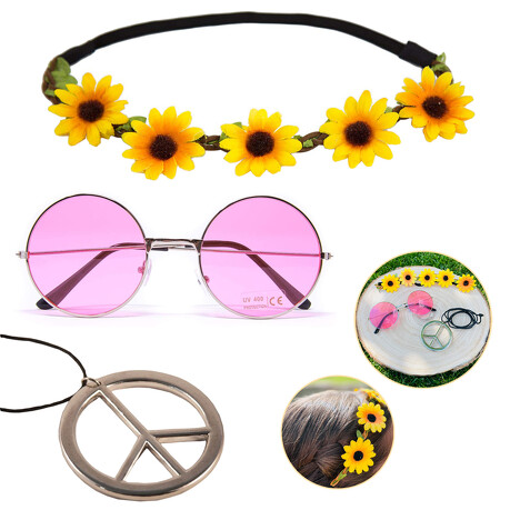 Hippie Kostüm Accessoire Set - Sonnenbrille + Peace Kette Leder Band + Blumen Haarband für Fasching Karneval