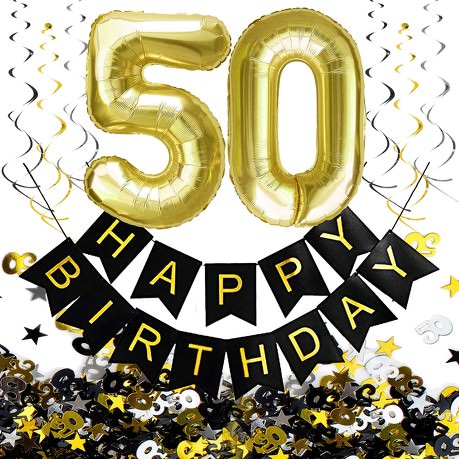 50. Geburtstag Party Deko Set - Girlande + Zahl 50 Ballons + Spiral Deckenhänger + Konfetti
