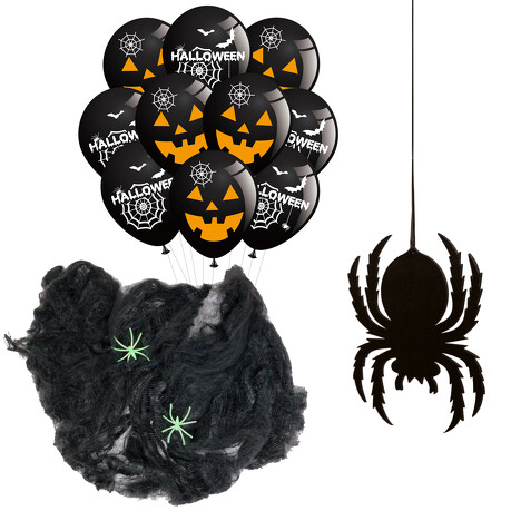 Halloween Deko Set - Spinnennetz mit Spinnen + 10 Luftballons + 1 Spinne Filz Untersetzer