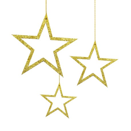 3 Holz Sterne mit Glitzereffekt + Schnur Weihnachtsdeko Weihnachtsbaum Anhänger Weihnachten - gold