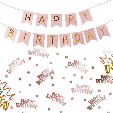 Geburtstag Party Deko Set - Happy Birthday Girlande + Konfetti Hängedeko Streudeko rosa-gold roségold
