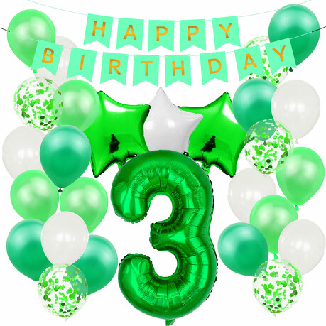 3. Geburtstag Party Deko Set - Happy Birthday Girlande + Zahl 3 Ballon + Konfetti Luftballons + Sterne