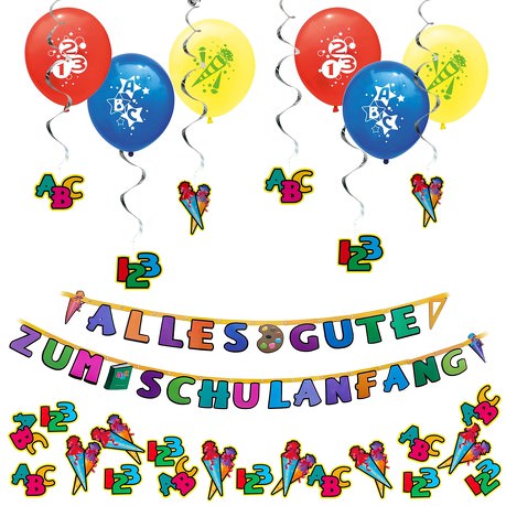 Schuleinführung Schulanfang Einschulung Deko Set - Girlanden + Luftballons + Konfetti