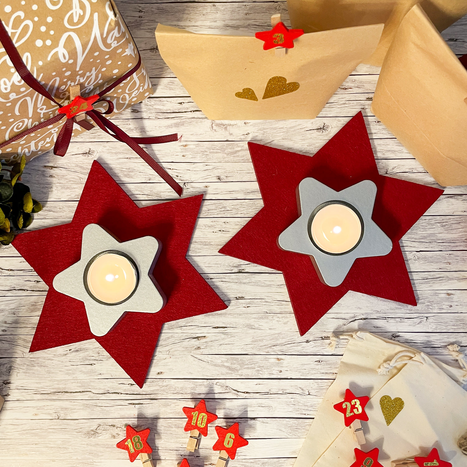 Stern Teelichthalter 2er Set Kerzenhalter Sterne aus Holz - Tisch Deko für  Winter Weihnachten silber