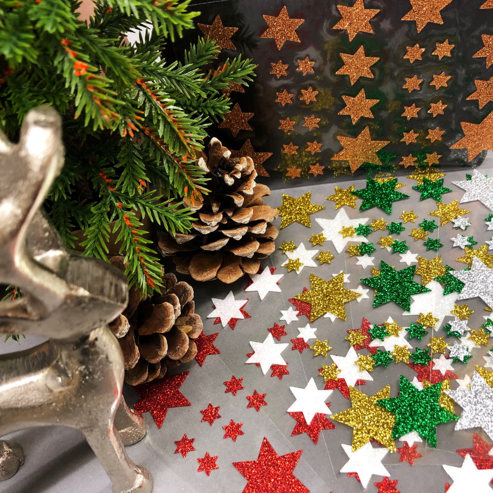 68 Sterne Sticker Aufkleber Glitzernd Funkelnd Weihnachtsdeko  Weihnachtssterne - silber