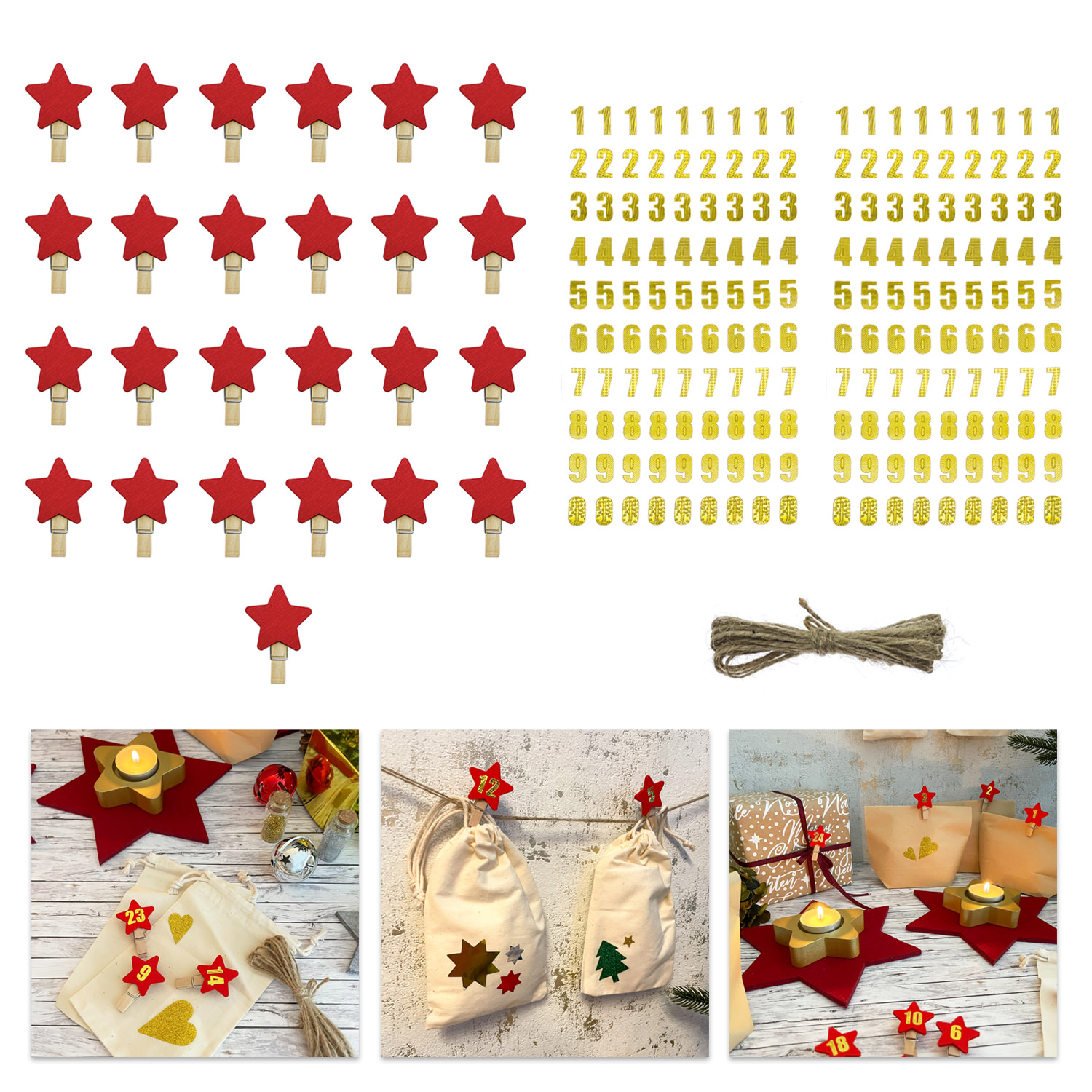 25 Stern Klammern und Zahlen Sticker Aufkleber für Weihnachten
