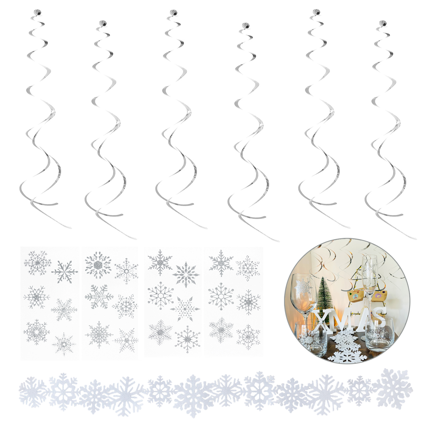 Weihnachtsdeko Set - Schneeflocken Sticker + Girlande + Deckenhänger Spiral  Girlanden Weihnachten Deko