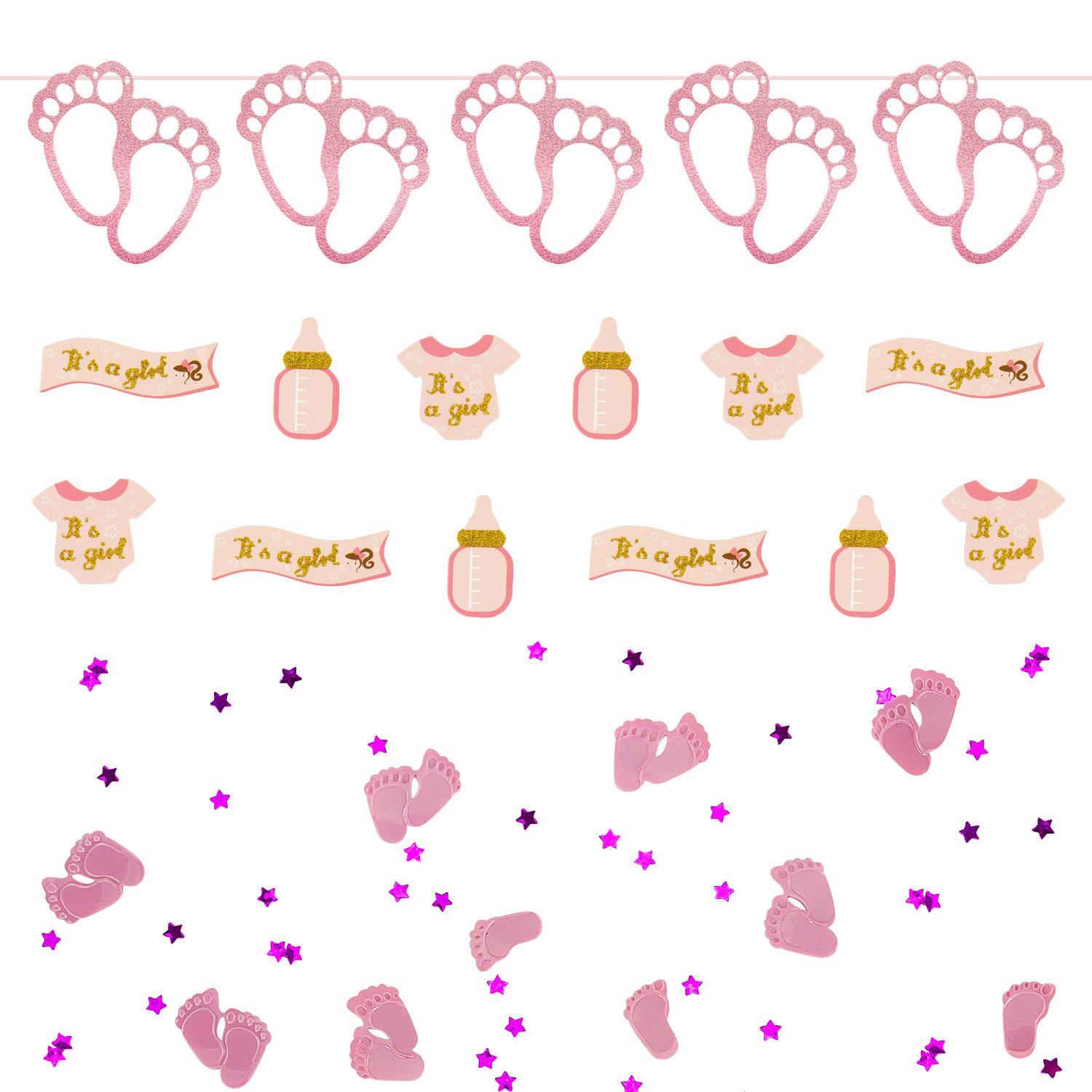 Baby Shower Party Deko Set für Mädchen - Füßchen Girlande + Konfetti Sets