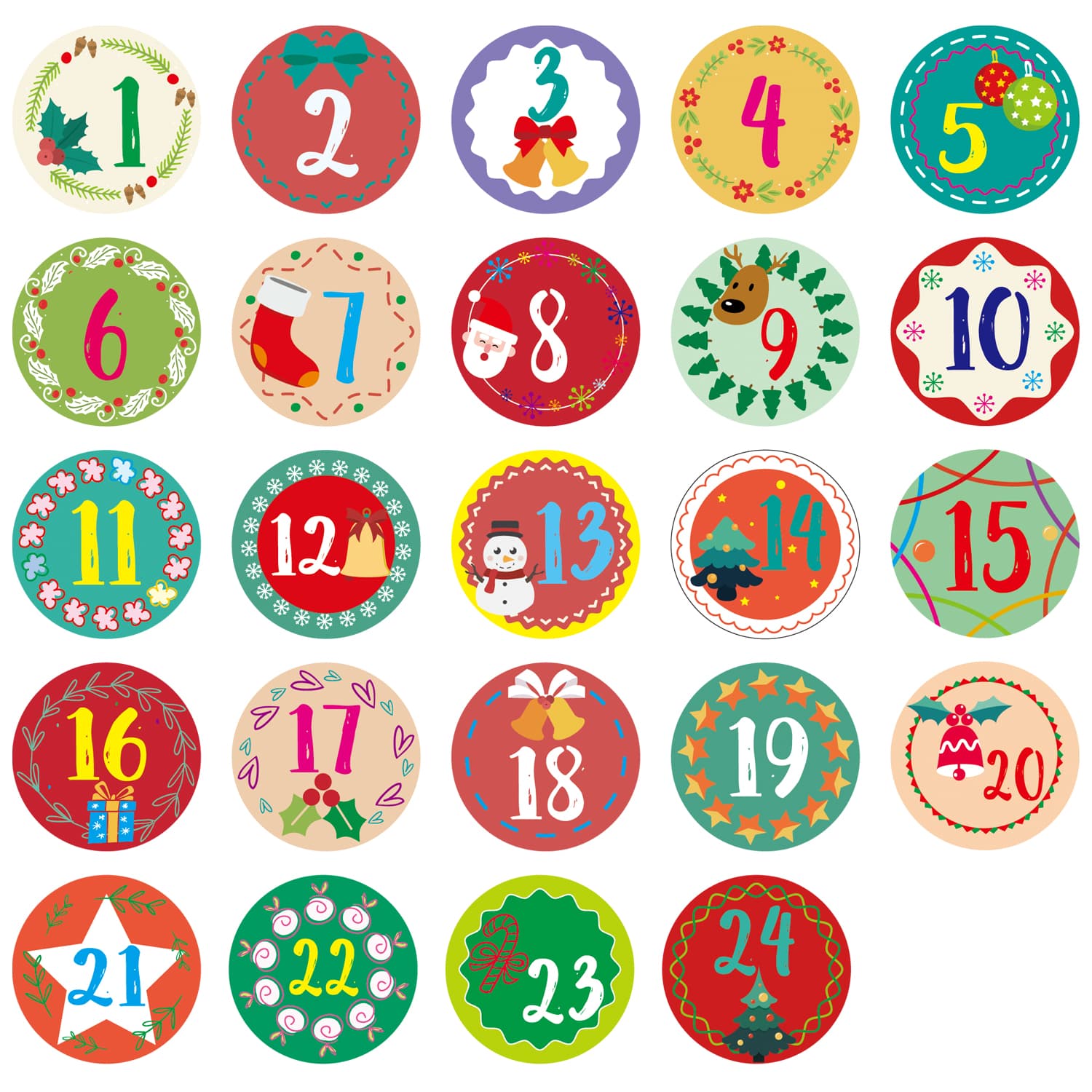 Adventskalender Aufkleber Set - 12 x 24 Sticker für Kalender zum selber basteln für Weihnachten Adventskalenderzahlen Etiketten selbstklebend Zahlen 1-24 Nummern Papiertüten Zahlenaufkleber 