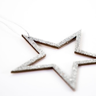 3 Holz Sterne mit Glitzereffekt + Schnur Weihnachtsdeko Weihnachtsbaum Anhänger Weihnachten - silber