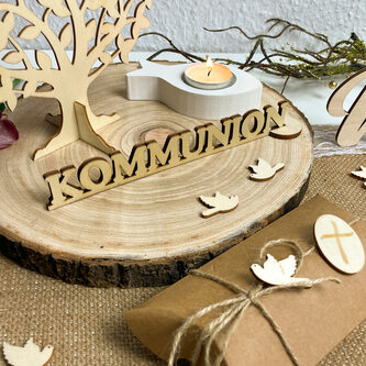 Schriftzug Kommunion aus Holz 2er Set als Tischdeko für Kommunion Deko Dekoration Junge Mädchen - natur
