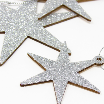 3 Holz Sterne mit Glitzereffekt Schnur Weihnachtsdeko Weihnachtsbaum Anhänger Weihnachten silber