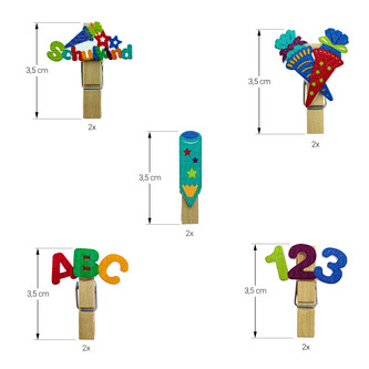 10 Mini Wäscheklammern Holz Miniklammern mit Schulkind 123 ABC Motiv für Schuleinführung Einschulung - bunt