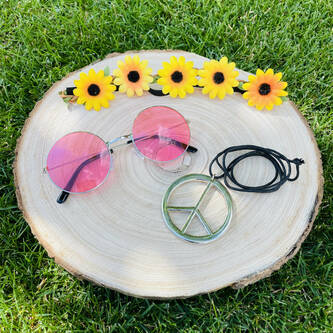 Hippie Kostüm Accessoire Set - Sonnenbrille + Peace Kette Leder Band + Blumen Haarband für Fasching Karneval