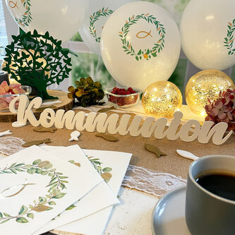 Deko Set für Taufe Kommunion Konfirmation Hochzeit - Luftballons + Holz Fische + Servietten - weiß grün gold