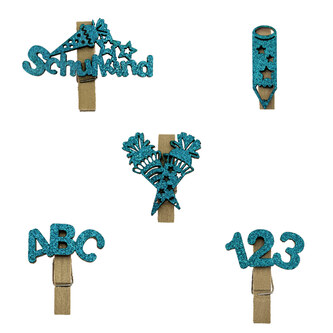 10 Mini Wäscheklammern Holz Miniklammern Glitzernd mit Schulkind 123 ABC Motiv für Schuleinführung Einschulung - türkis