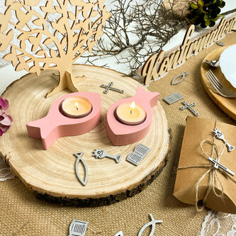 Fisch Teelichthalter 2er Set Kerzenhalter Fische aus Holz - Tisch Deko für Taufe Kommunion Konfirmation rosa