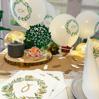Deko Set für Taufe Kommunion Konfirmation Hochzeit - Luftballons + Holz Fische + Servietten - weiß grün gold