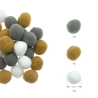 30 Mini Pompons zum Auffädeln Bunte Kugeln Bommeln für DIY zum Basteln Bastelpompons - grau braun weiß